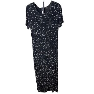 Teddi Dresses Vintage Black Leaf Print Maxi Dress Short Sleeve Stretch Size 10
